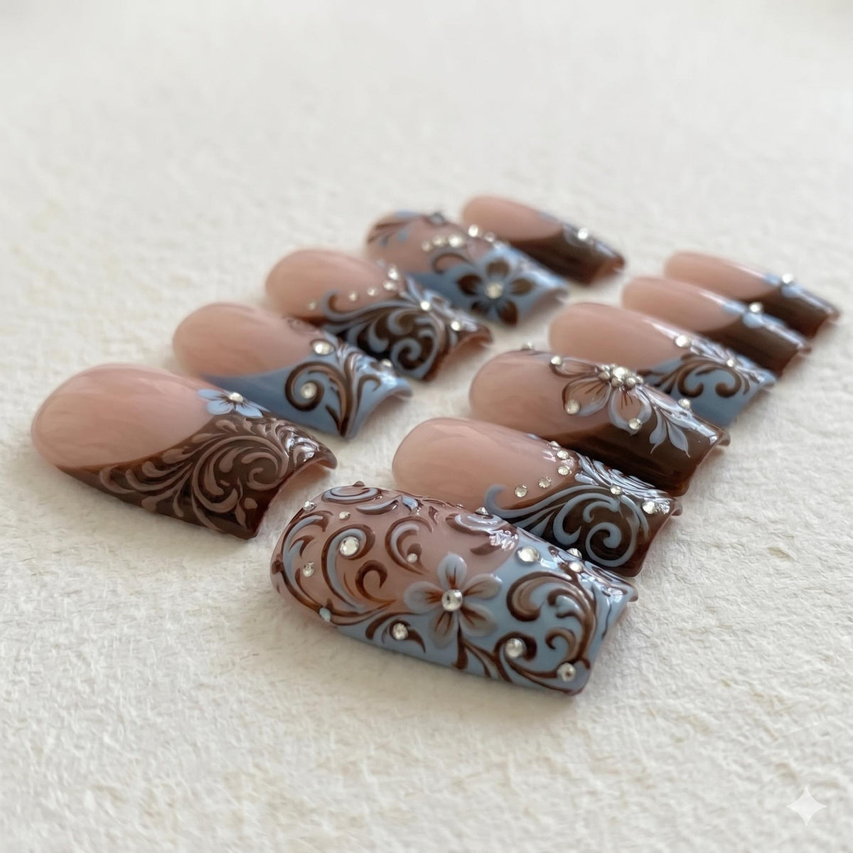 Chocolate Brown and Pale Blue Baroque Floral French Tip Prom Nail Set