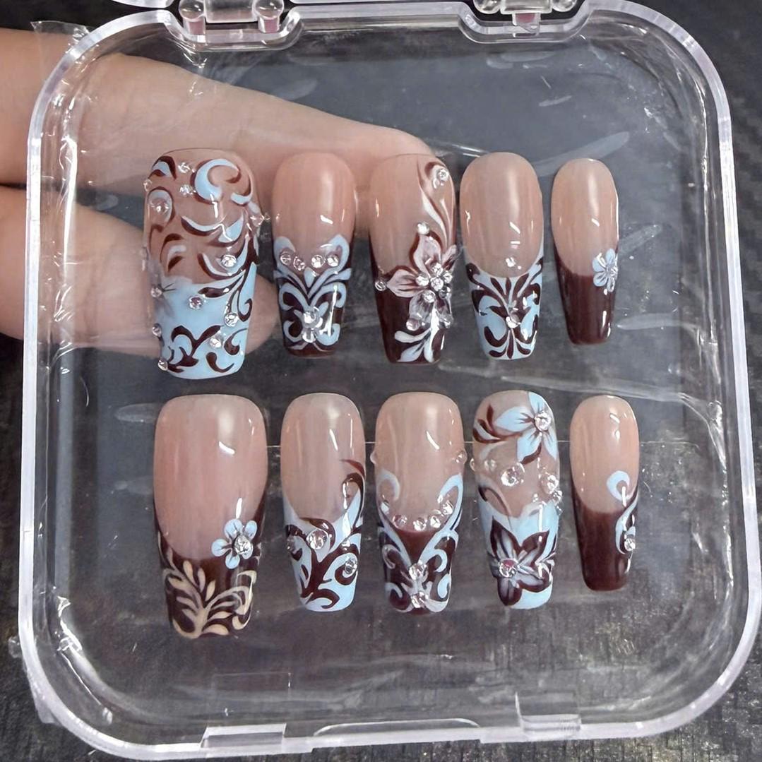 Chocolate Brown and Pale Blue Baroque Floral French Tip Prom Nail Set