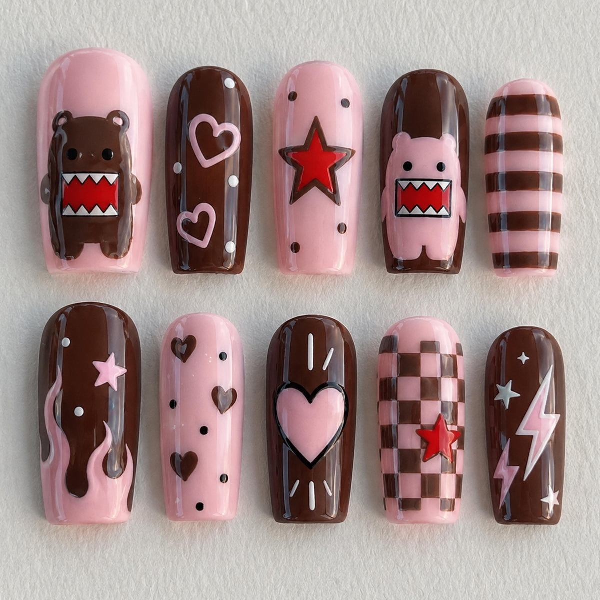 Chocolate Brown and Pink Bear Nail Set With Hearts, Stars and Checkerboard Details