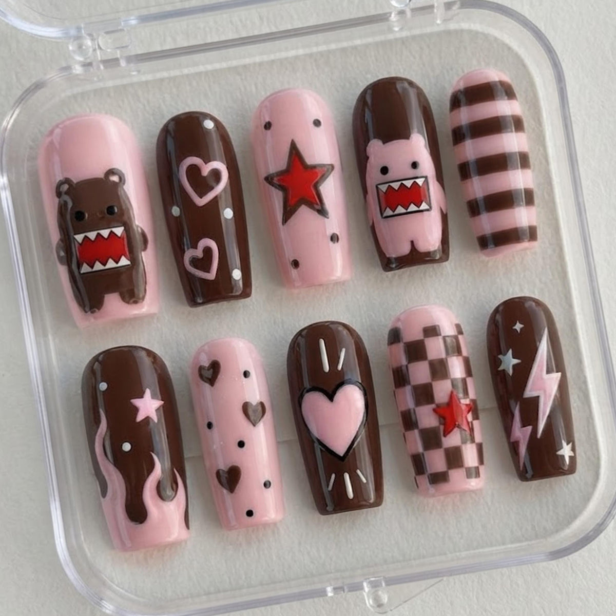 Chocolate Brown and Pink Bear Nail Set With Hearts, Stars and Checkerboard Details