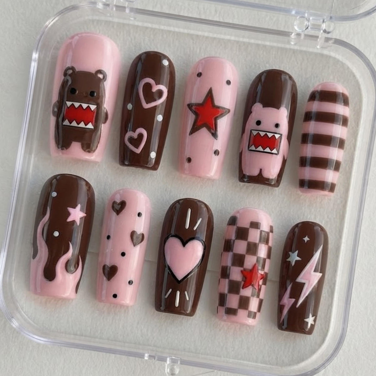 Chocolate Brown and Pink Bear Nail Set With Hearts, Stars and Checkerboard Details