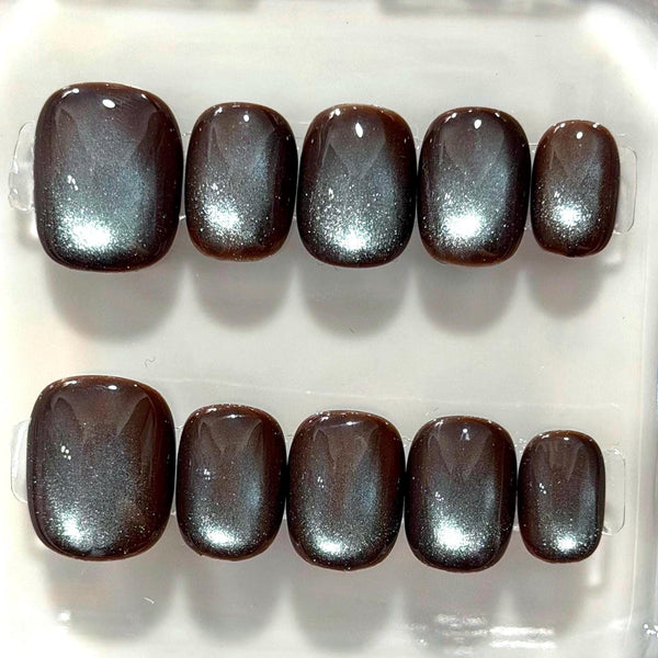 Chocolate Brown and Silvery Blue Cat Eye Press-On Nails