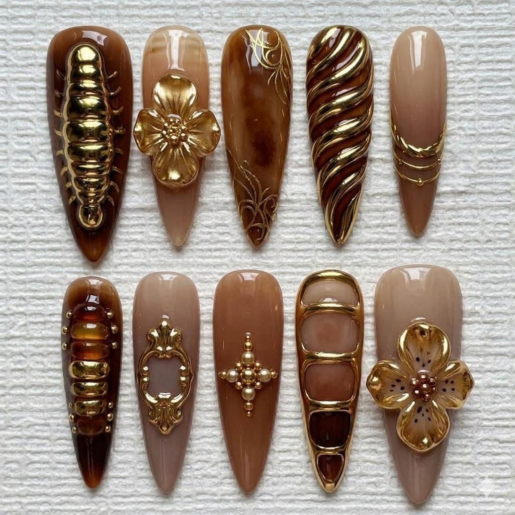 Chocolate Brown and Taupe Nails with 3D Gold Flowers and Metallic Details