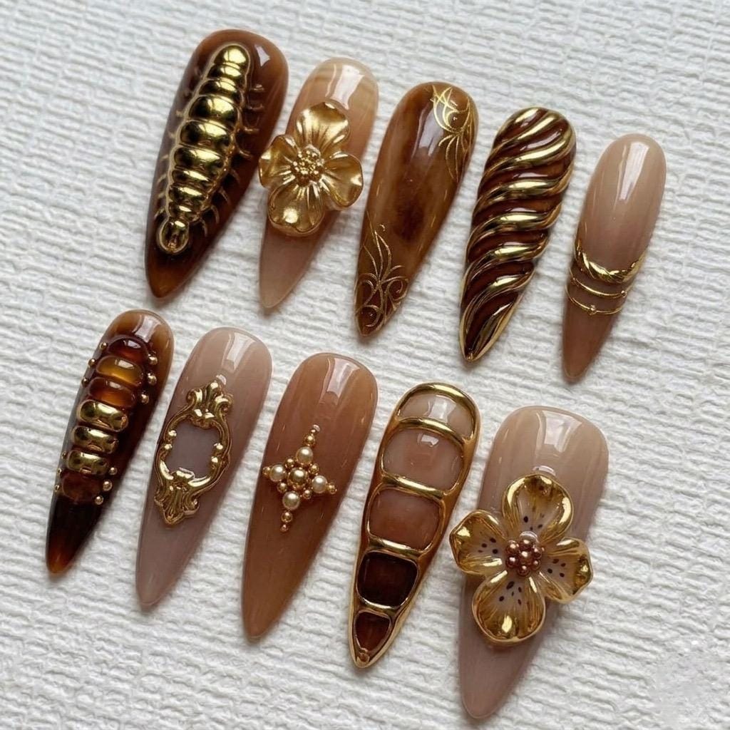Chocolate Brown and Taupe Nails with 3D Gold Flowers and Metallic Details