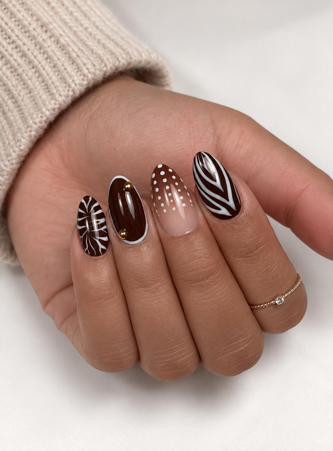 Chocolate Brown and White Fall Swirl Press On Nails with Polka Dots and Gold Accents