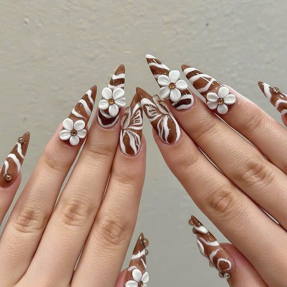 Chocolate Brown and White Swirl Press-On Nails with 3D Flowers