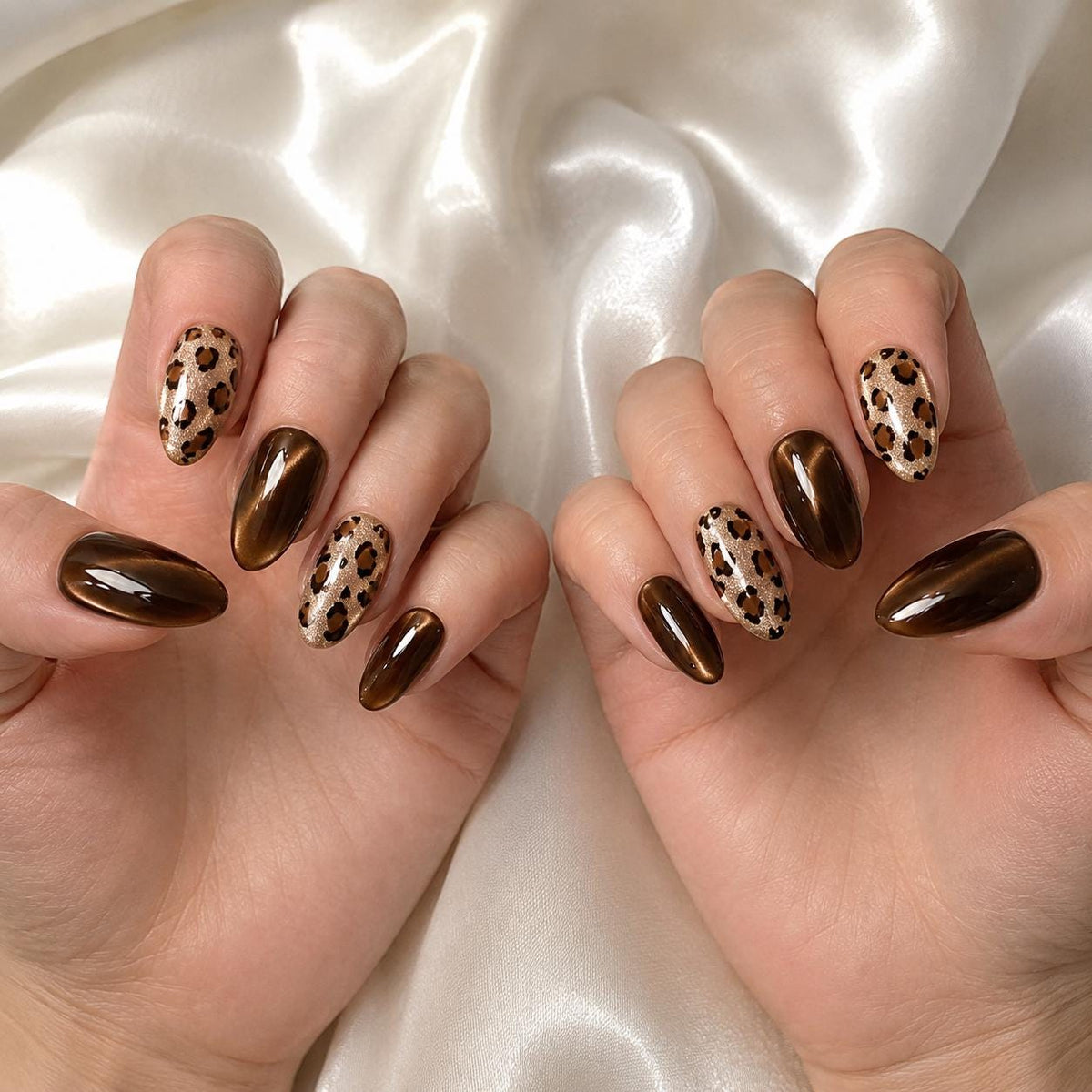 Chocolate Brown Cat-Eye and Gold Leopard Print Nail Set