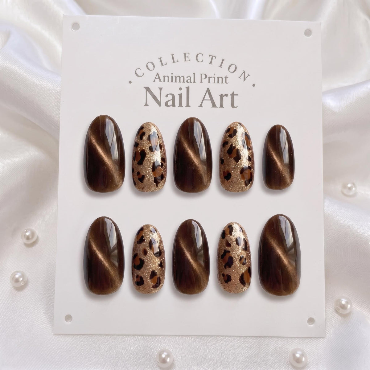 Chocolate Brown Cat-Eye and Gold Leopard Print Nail Set