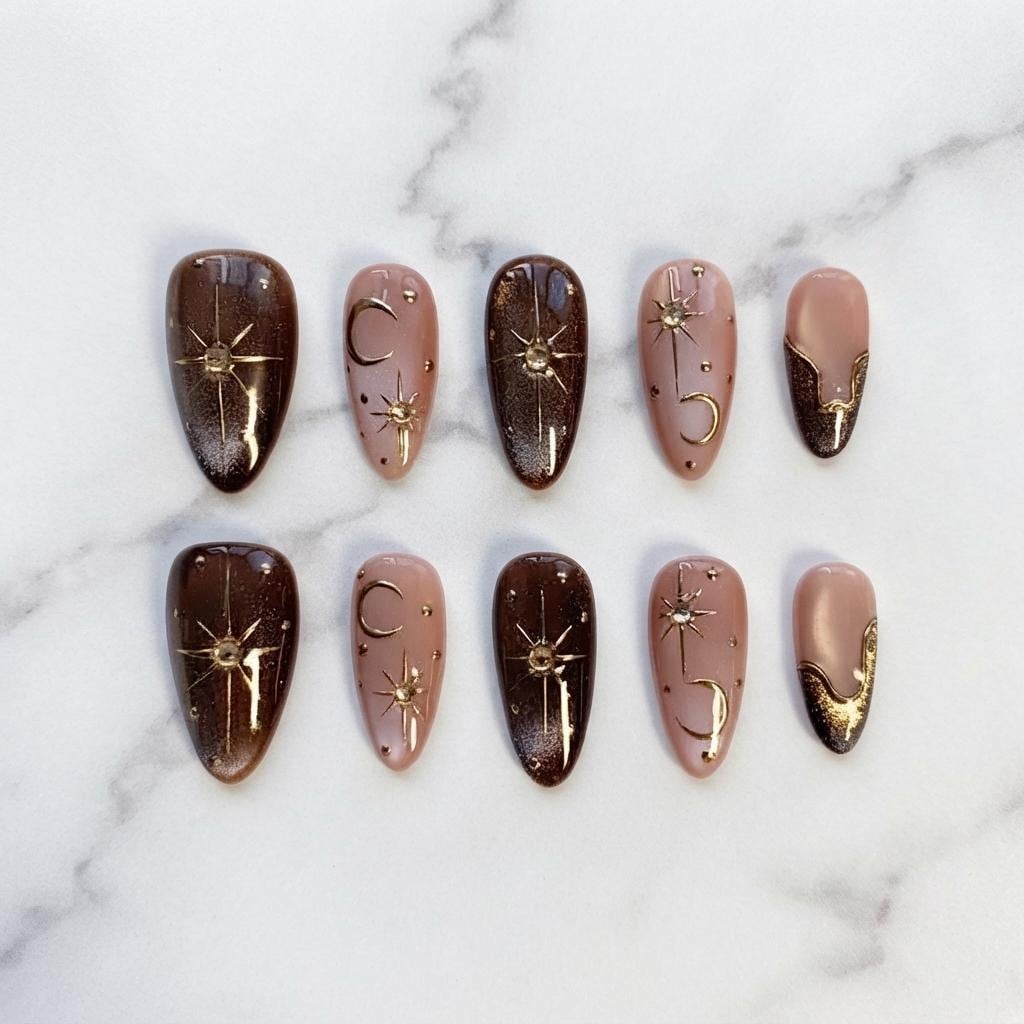 Chocolate Brown Cat Eye Celestial Nails with Gold Moons and French Tips