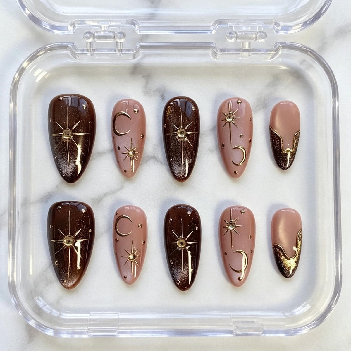 Chocolate Brown Cat Eye Celestial Nails with Gold Moons and French Tips
