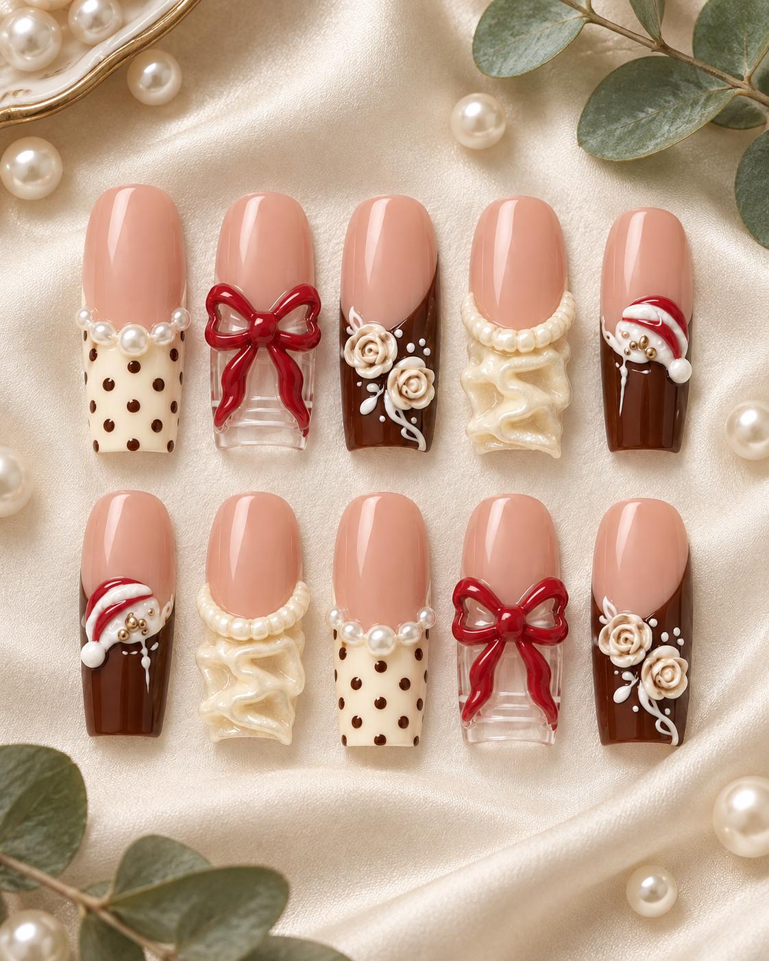 Chocolate Brown Christmas Nails with 3D Red Bows, Cream Roses and Pearl Details
