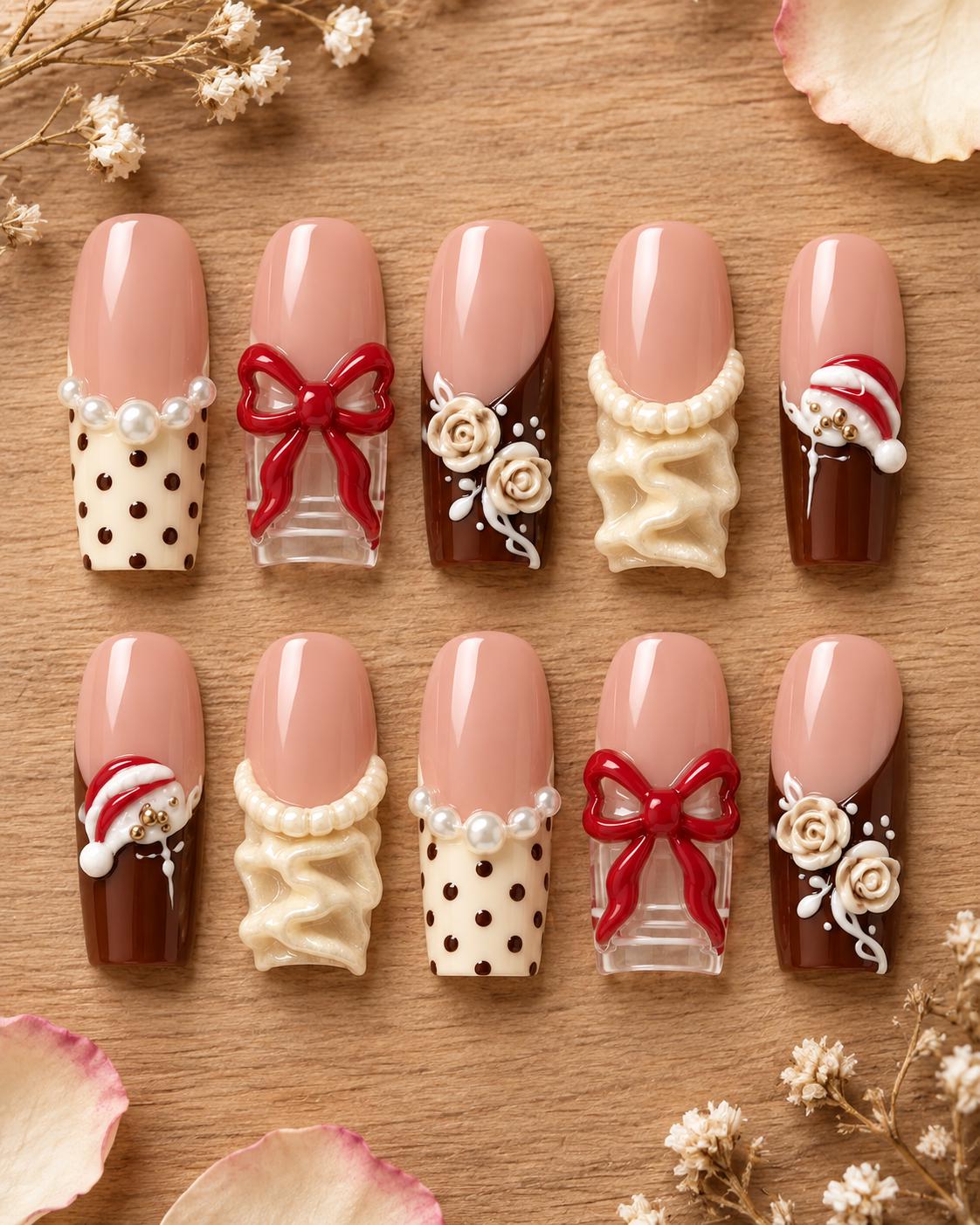 Chocolate Brown Christmas Nails with 3D Red Bows, Cream Roses and Pearl Details