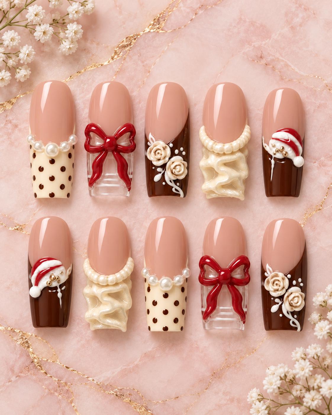 Chocolate Brown Christmas Nails with 3D Red Bows, Cream Roses and Pearl Details