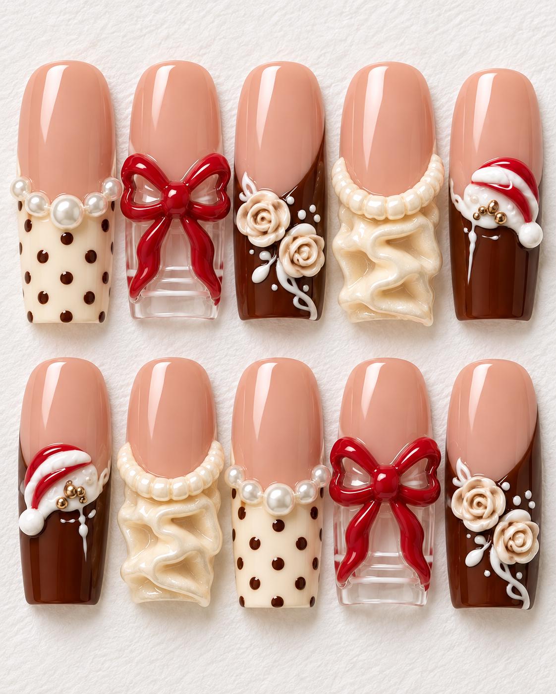 Chocolate Brown Christmas Nails with 3D Red Bows, Cream Roses and Pearl Details