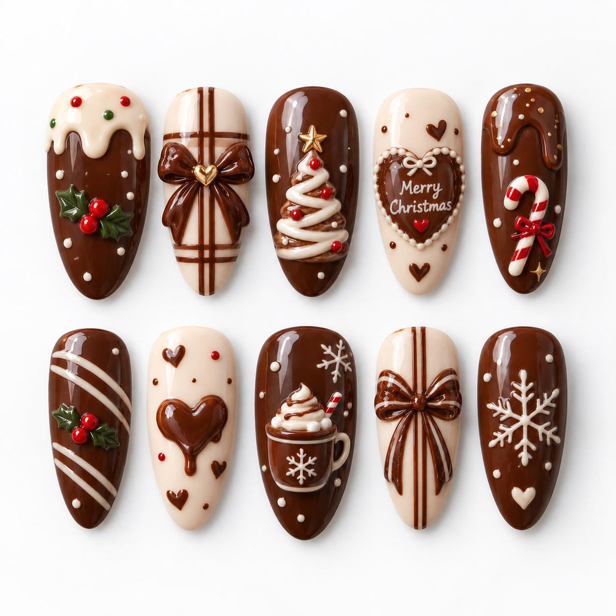 Chocolate Brown Christmas Nails with Candy, Icing, Bows, and Holly