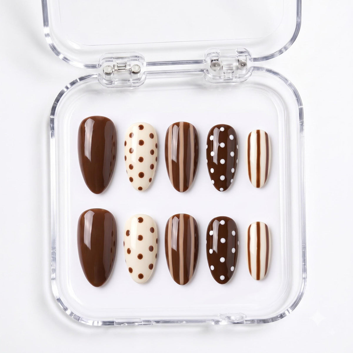 Chocolate Brown, Cream and White Polka Dot and Stripe Nail Set