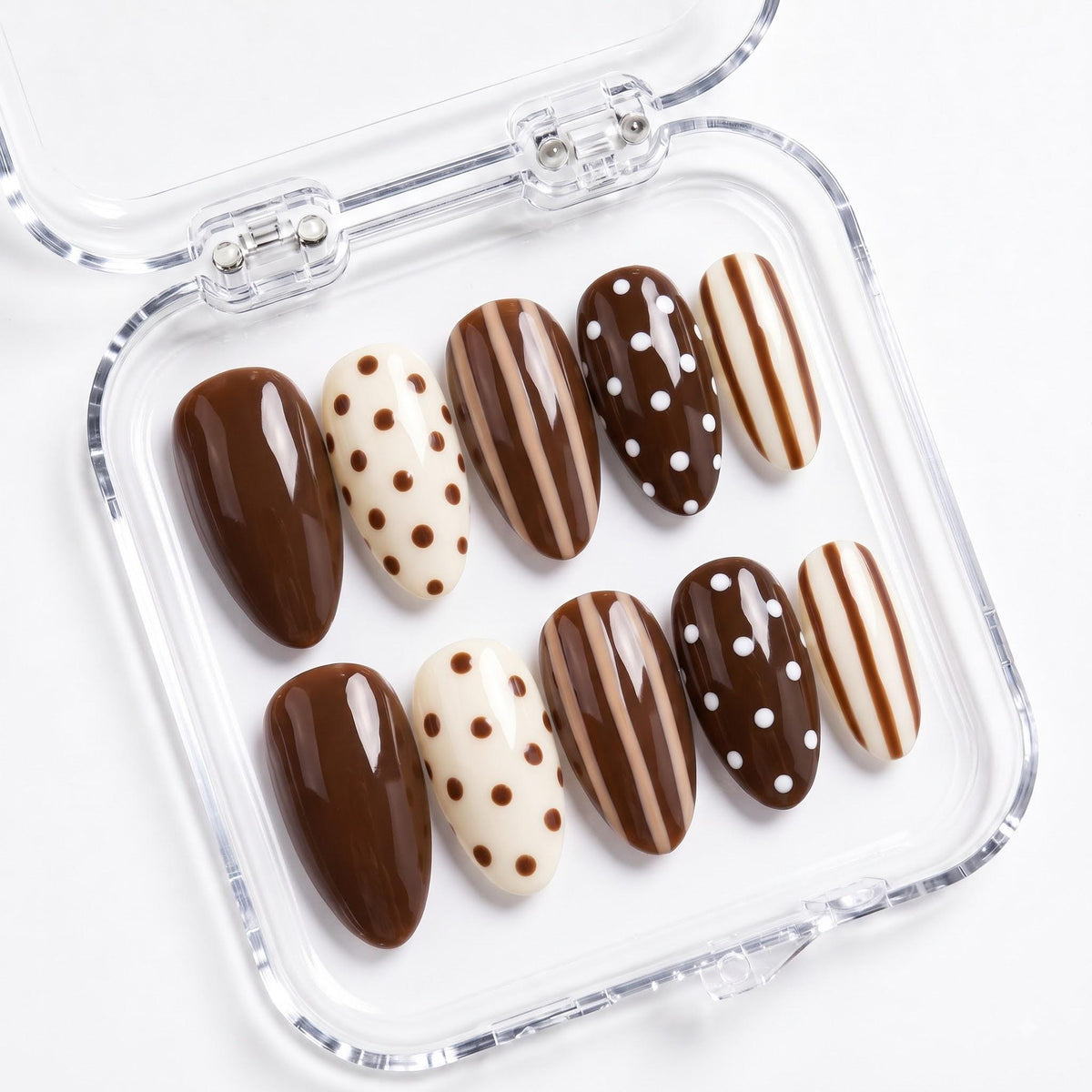 Chocolate Brown, Cream and White Polka Dot and Stripe Nail Set