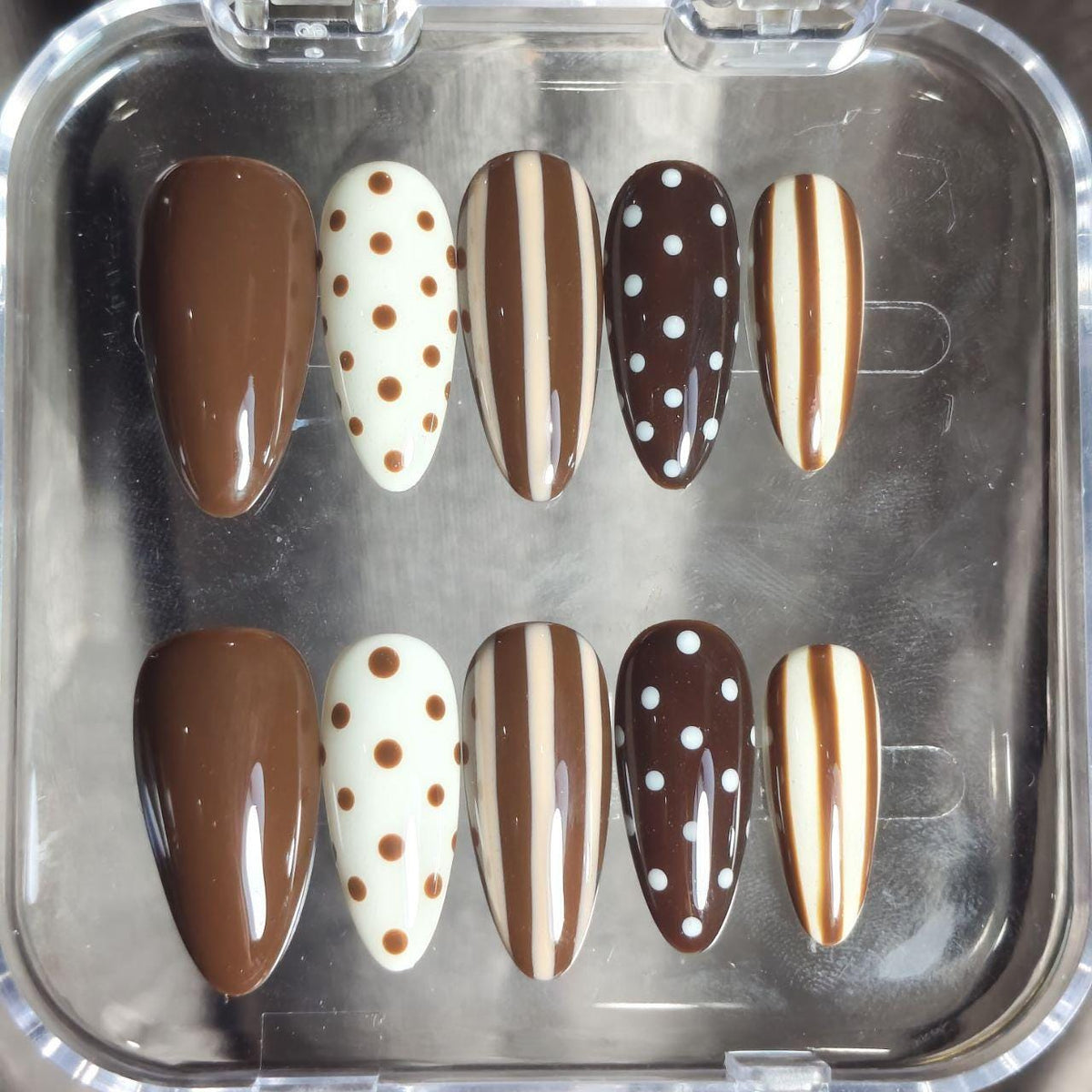 Chocolate Brown, Cream and White Polka Dot and Stripe Nail Set