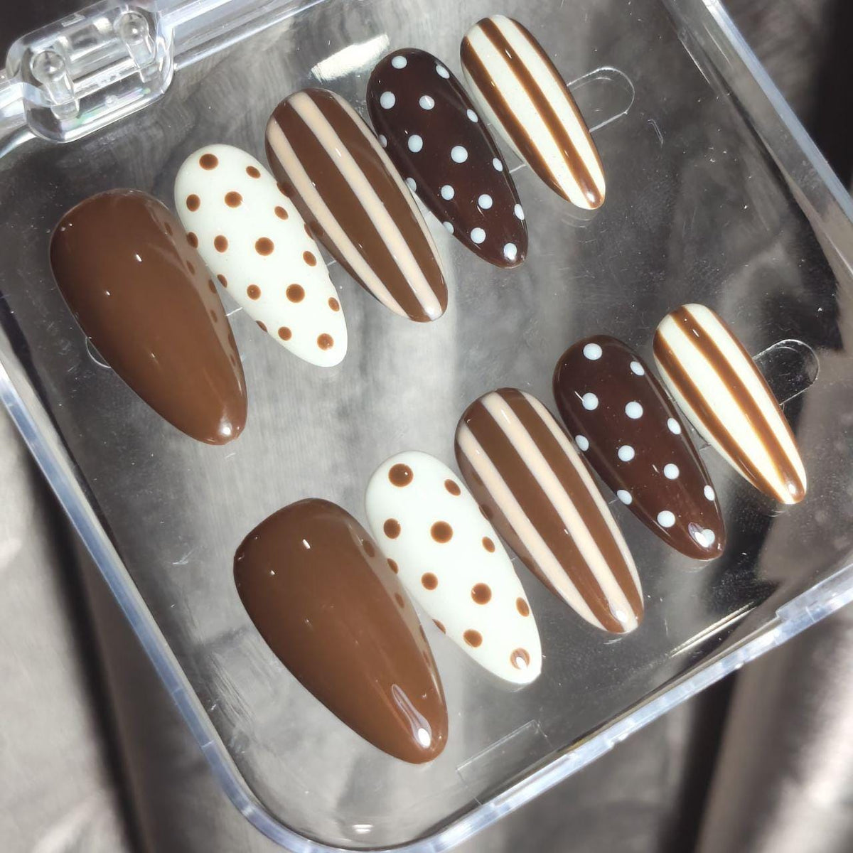 Chocolate Brown, Cream and White Polka Dot and Stripe Nail Set