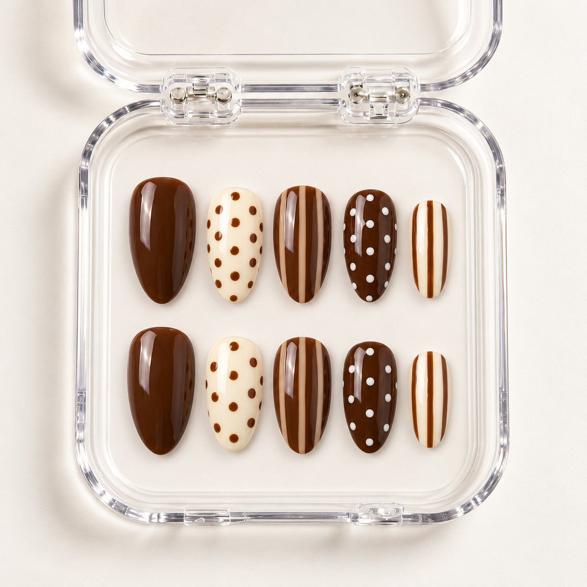 Chocolate Brown, Cream and White Polka Dot and Stripe Nail Set in clear acrylic storage box