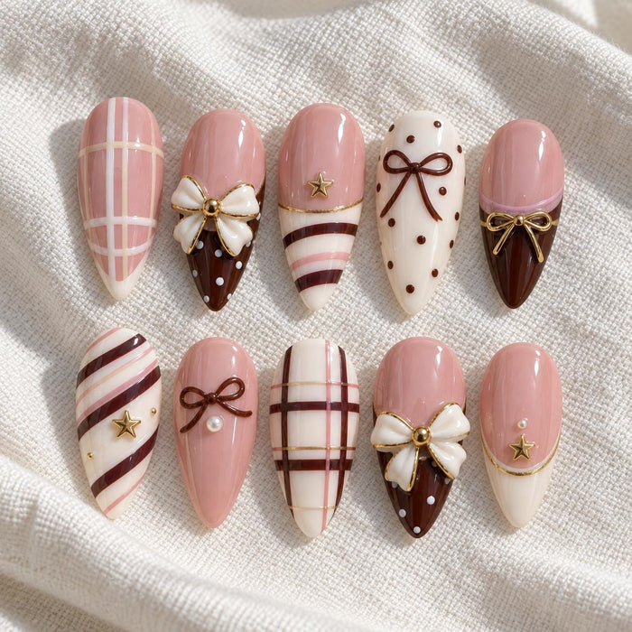 Chocolate Brown, Dusty Pink, Bow and Plaid Christmas Press On Nails
