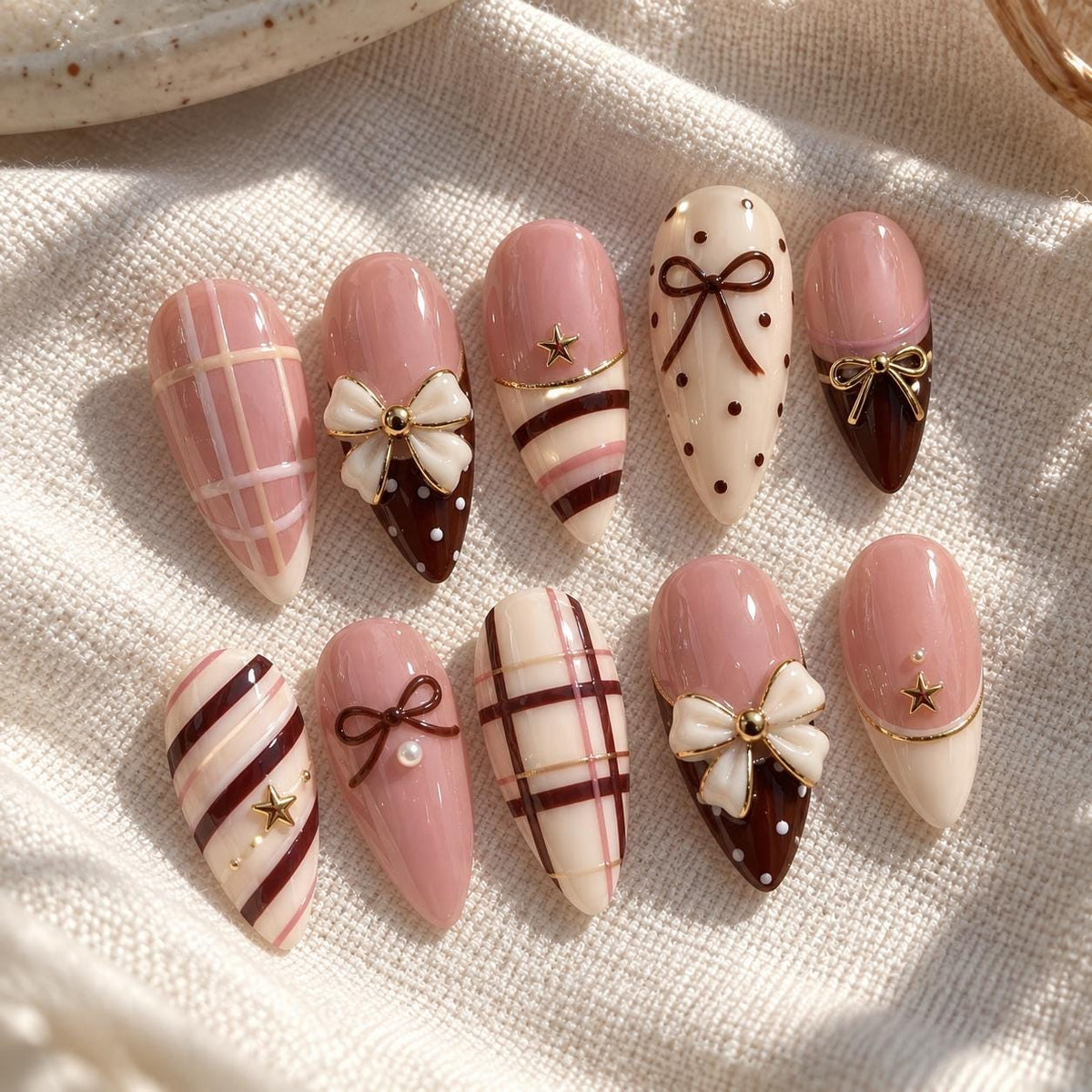 Chocolate Brown, Dusty Pink, Bow and Plaid Christmas Press On Nails