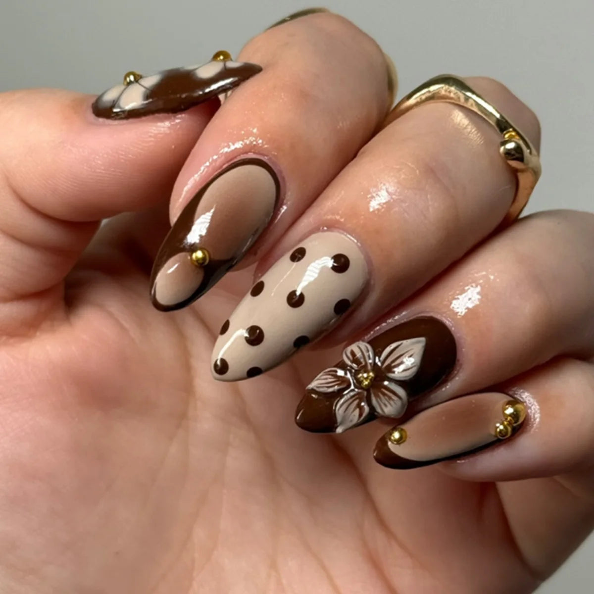 Chocolate Brown French Tip Nails With Polka Dots, Gold Accents and 3D Flower