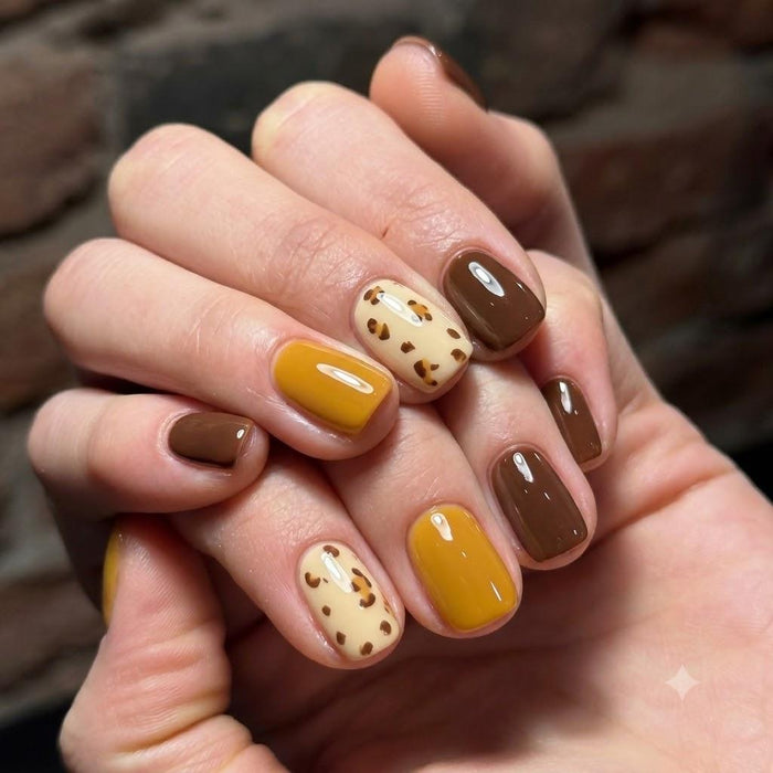 Chocolate Brown, Mustard Yellow and Cream Leopard Print Fall Press On Nail Set