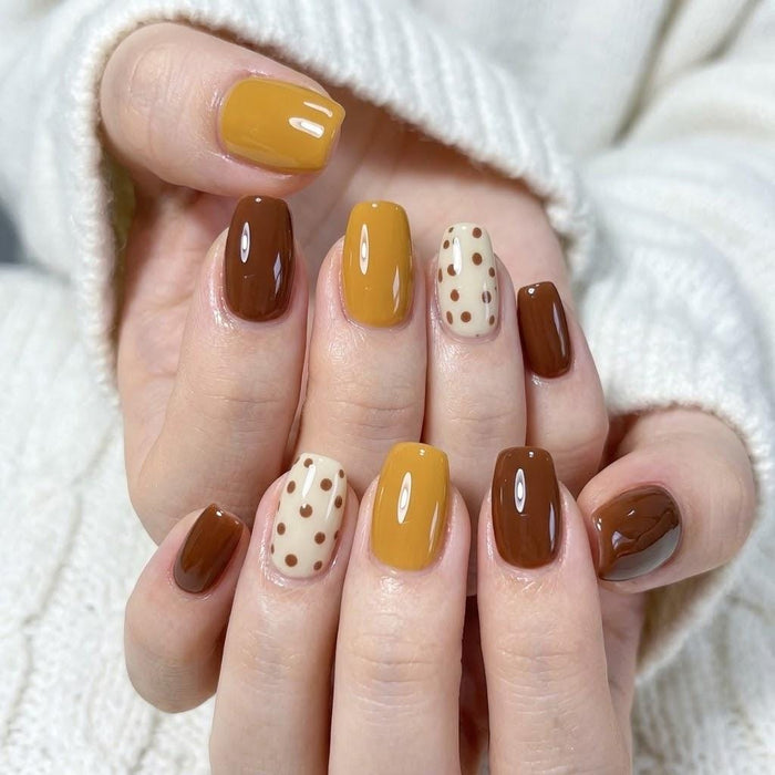 Chocolate Brown, Mustard Yellow and Cream Polka Dot Fall Press On Nails