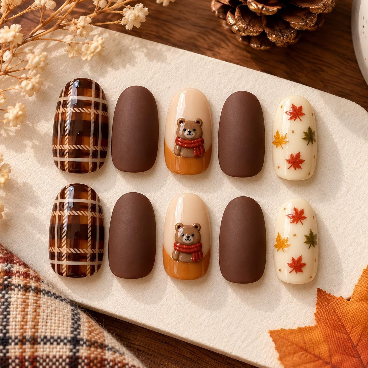 Chocolate Brown Plaid and Autumn Leaf Press On Nails with 3D Teddy Bears