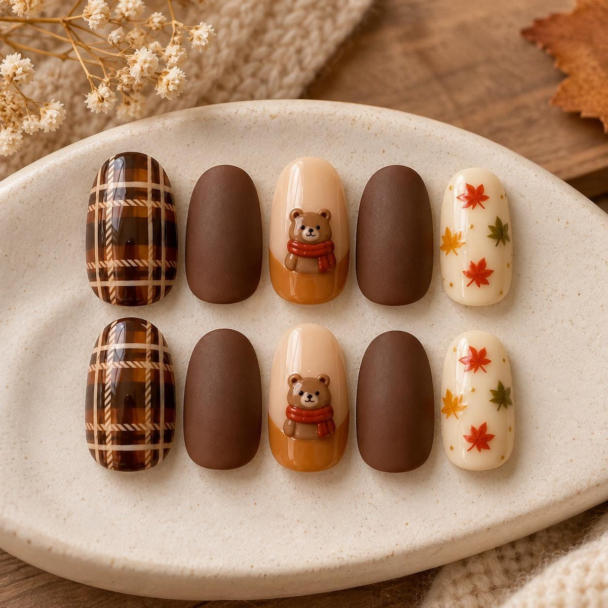 Chocolate Brown Plaid and Autumn Leaf Press On Nails with 3D Teddy Bears