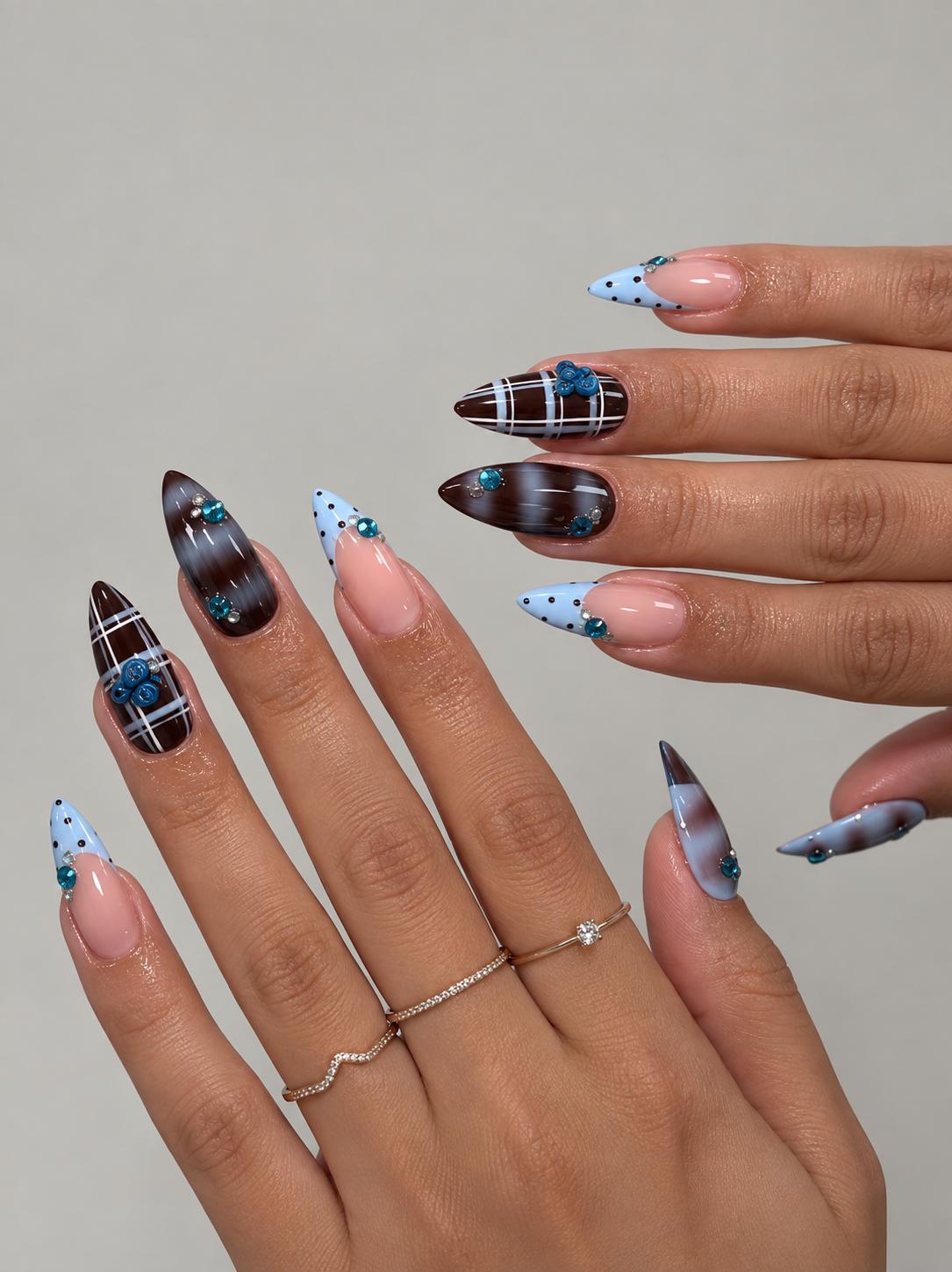 Chocolate Brown Plaid and Baby Blue Polka Dot French Tip Nail Set