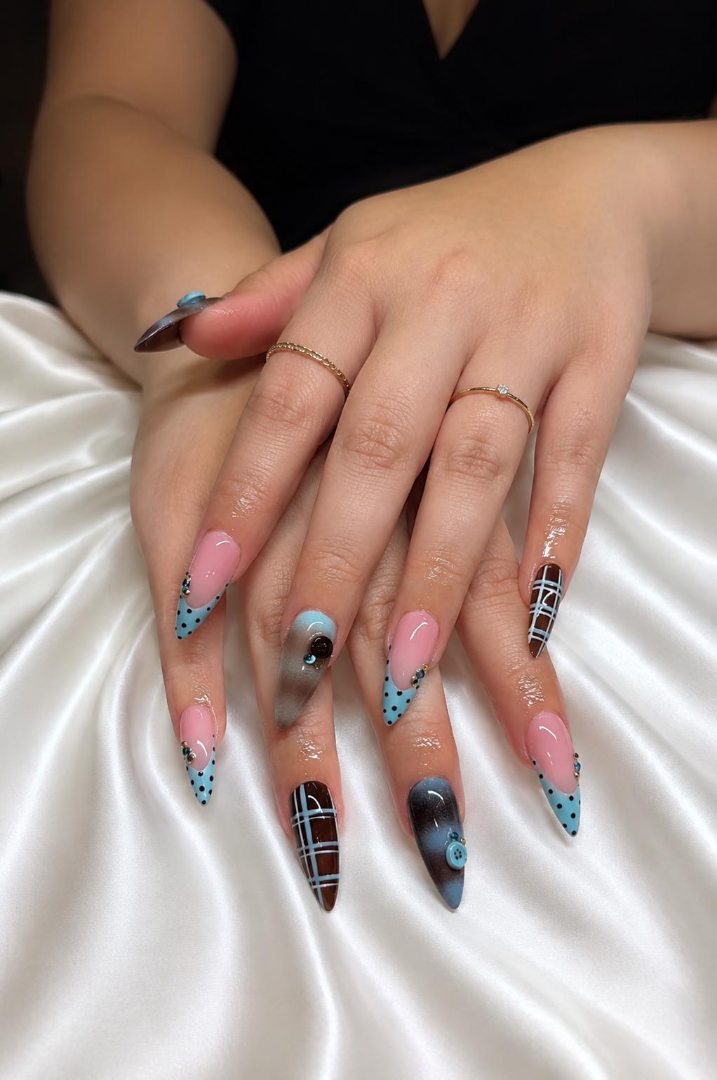 Chocolate Brown Plaid and Baby Blue Polka Dot French Tip Nail Set