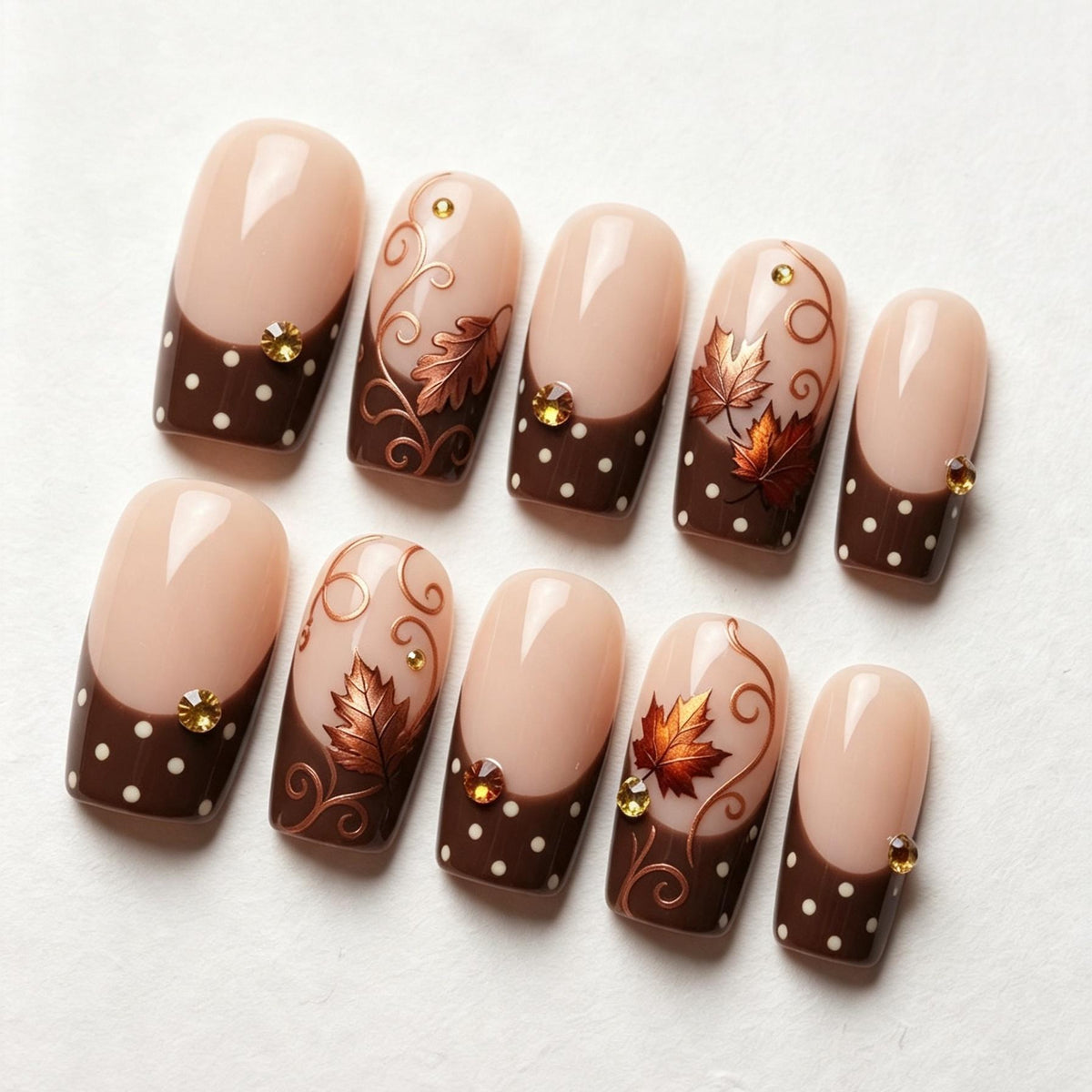 Chocolate Brown Polka Dot French Tip Nails With Copper Maple Leaves