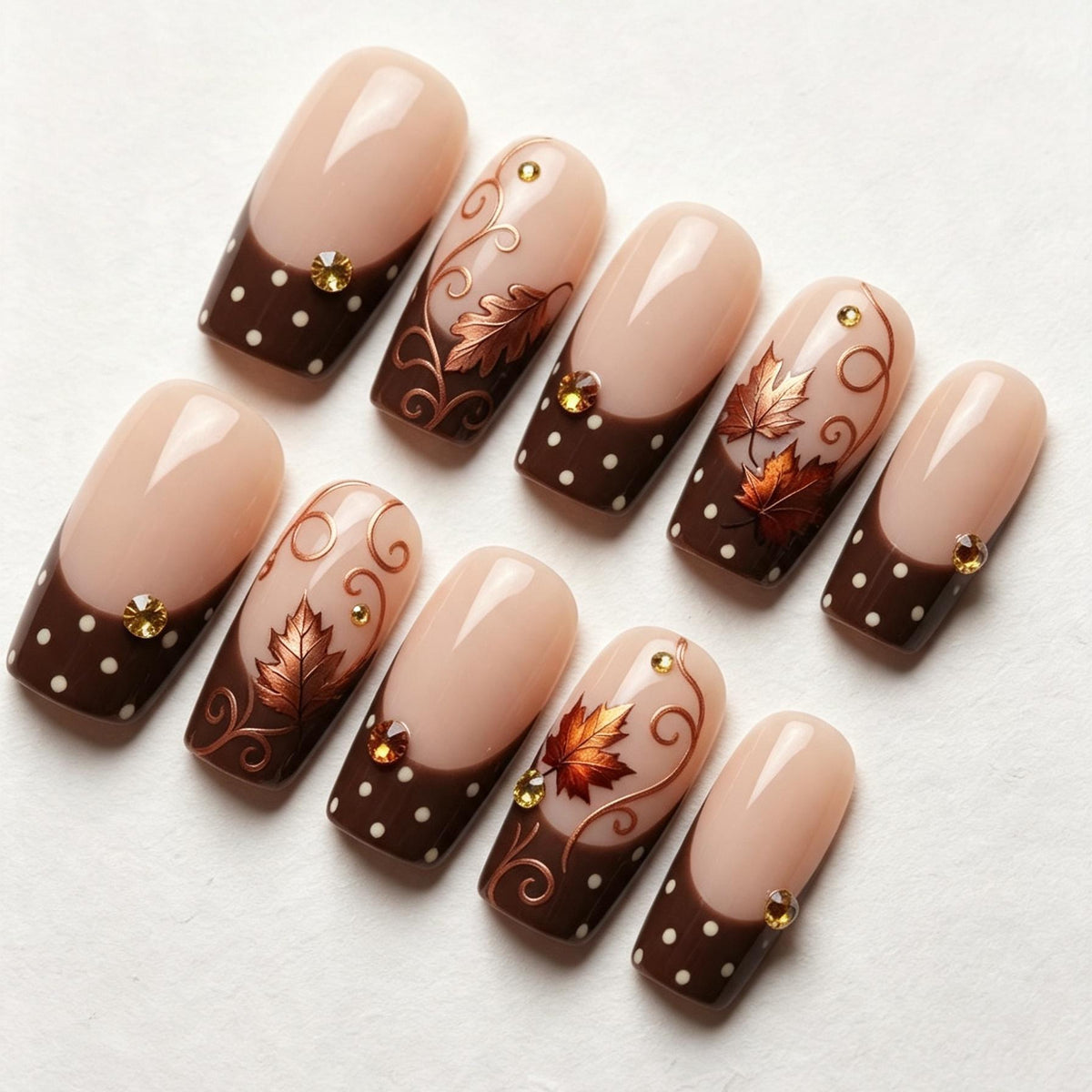 Chocolate Brown Polka Dot French Tip Nails With Copper Maple Leaves