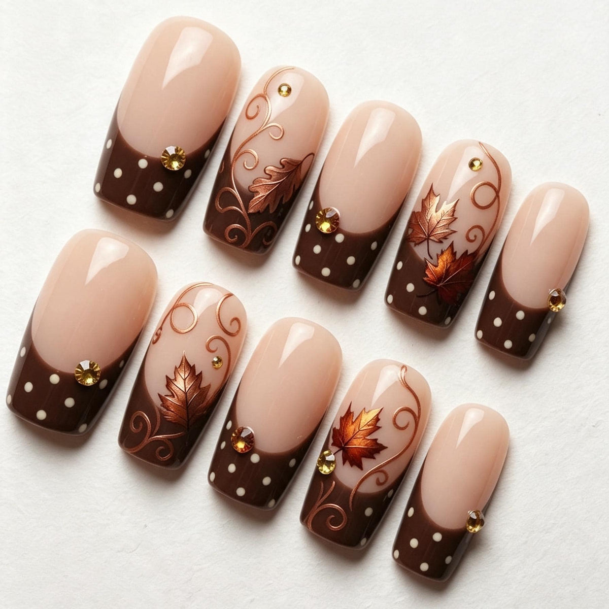 Chocolate Brown Polka Dot French Tip Nails With Copper Maple Leaves