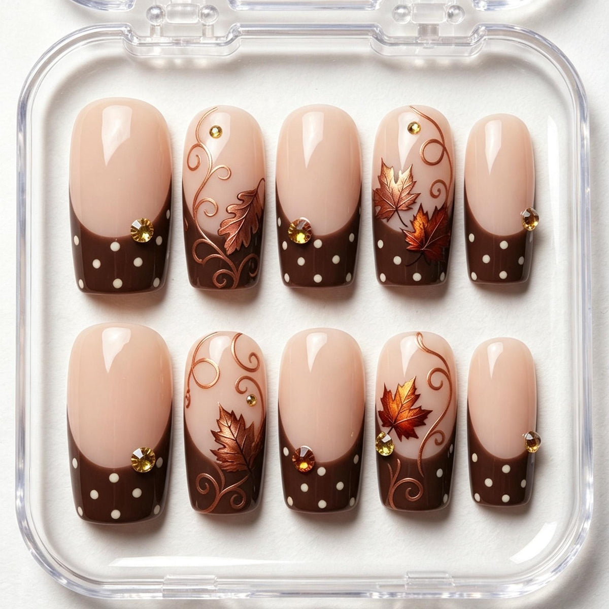 Chocolate Brown Polka Dot French Tip Nails With Copper Maple Leaves