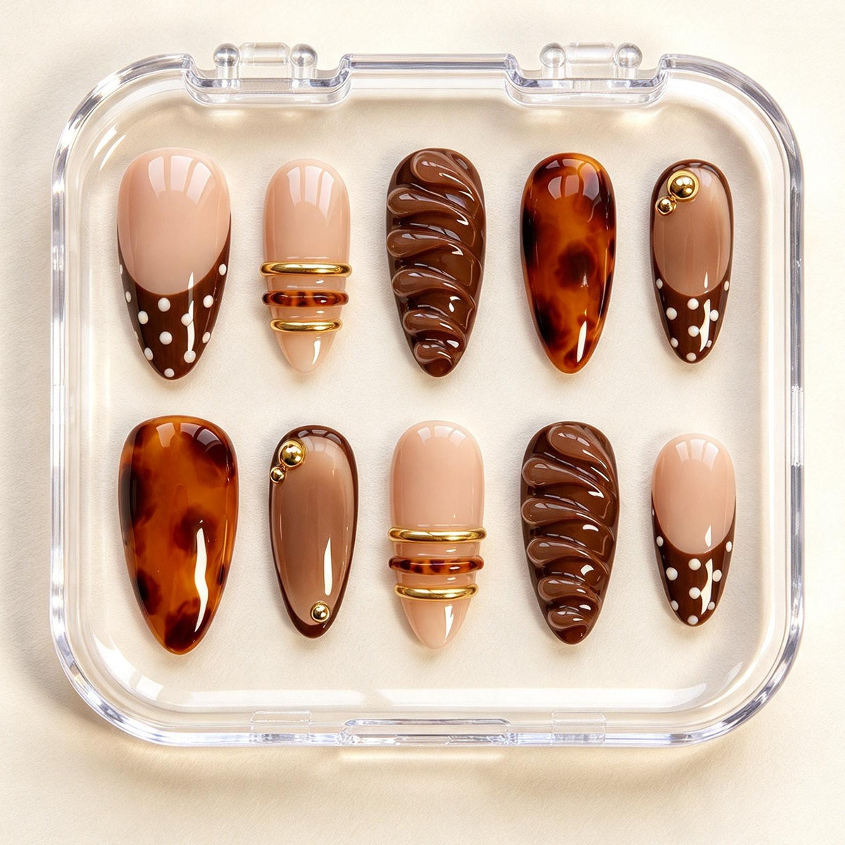 Chocolate Café Press-On Nail Set with Tortoiseshell, Croissant-Inspired Details and Gold Accents