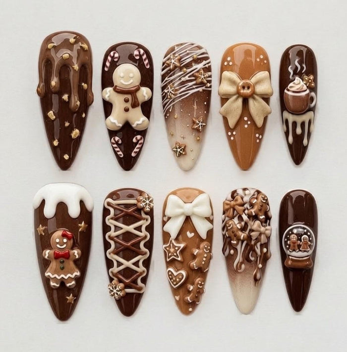 Chocolate Gingerbread and Hot Cocoa Press-On Nail Set With 3D Icing, Bows, and Stars