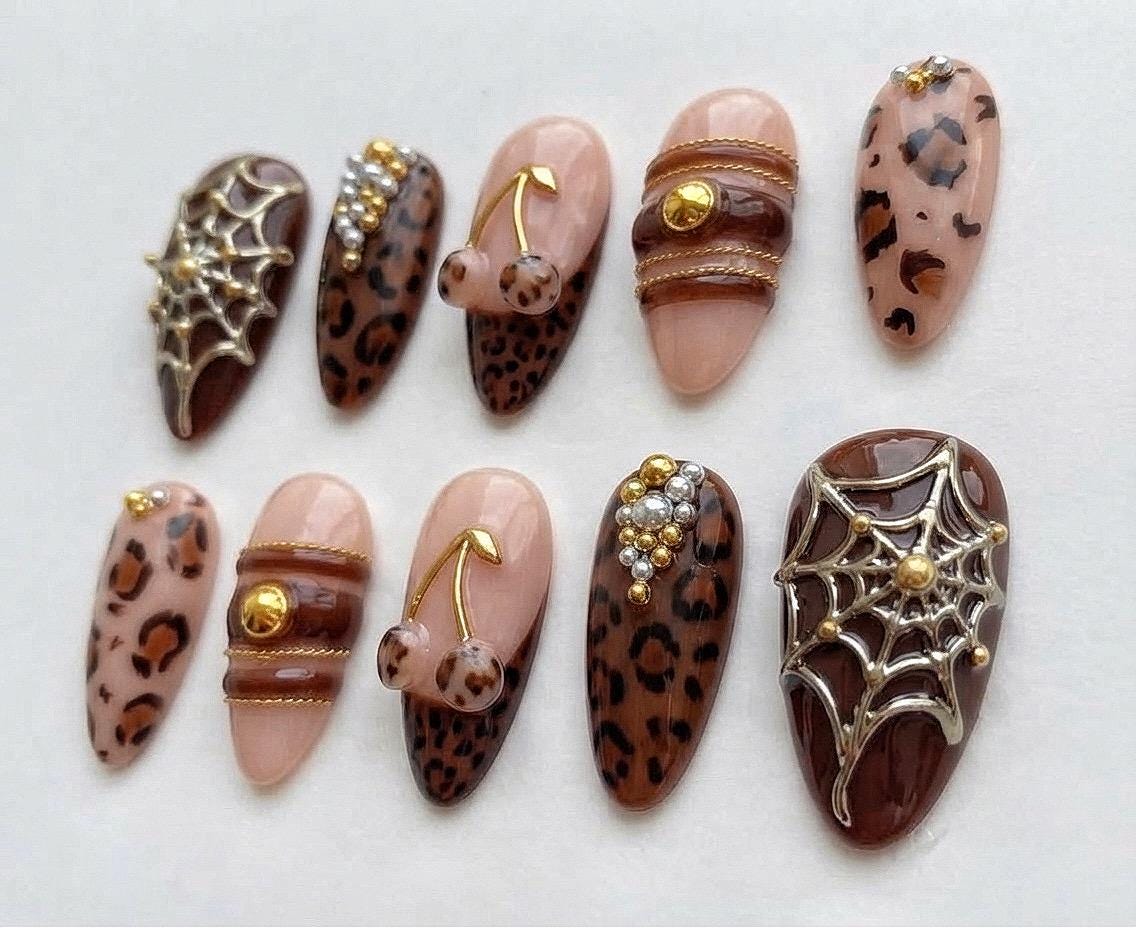 Chocolate Leopard Print, Cherry Accent and Spiderweb Press-On Nail Set