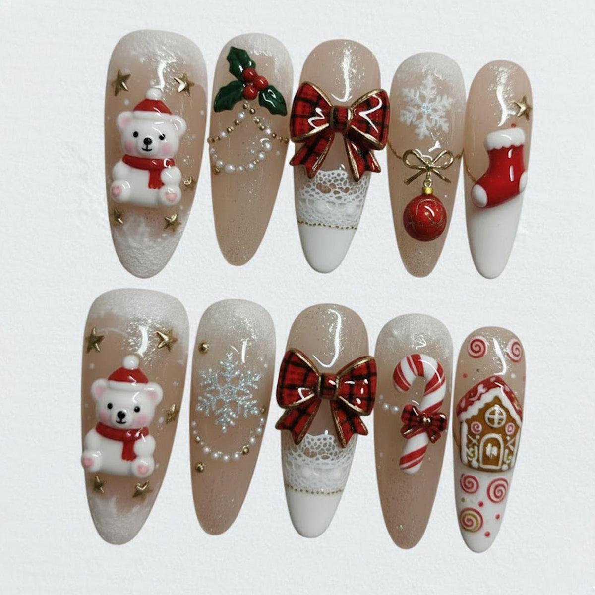 Christmas Bear and Gingerbread House Nails with Plaid Bows and Candy Canes