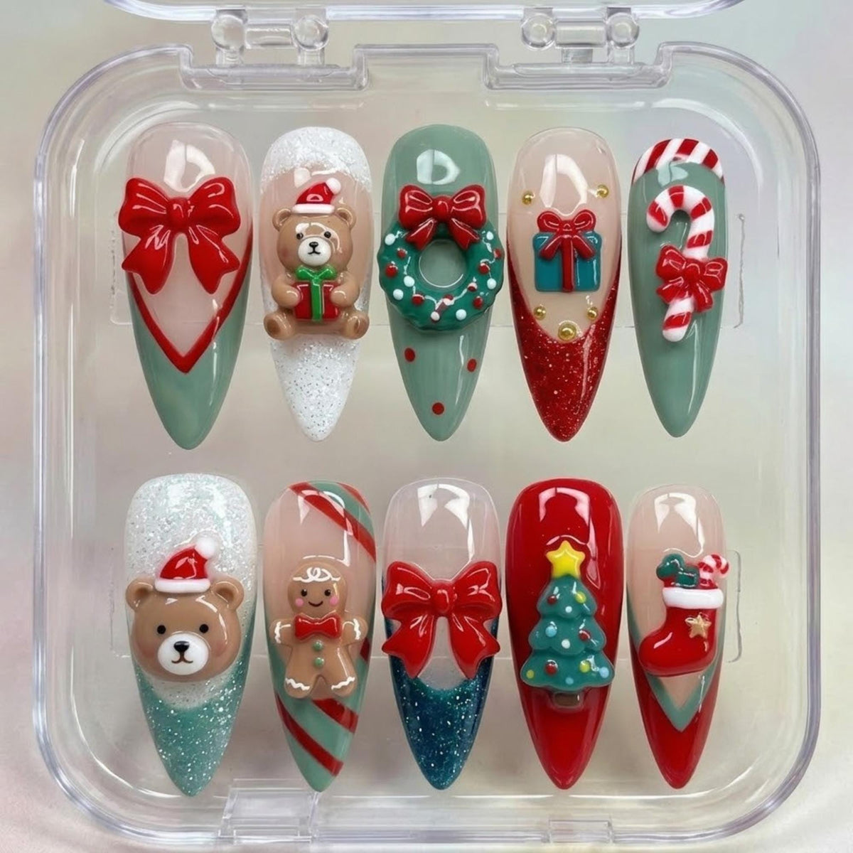 Christmas Bear, Bow, Candy Cane & Tree 3D Nail Set