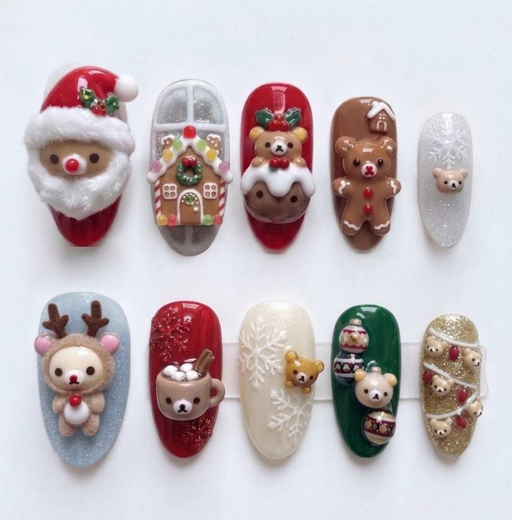 Christmas Bear Press On Nail Set With 3D Santa, Gingerbread House and Glitter