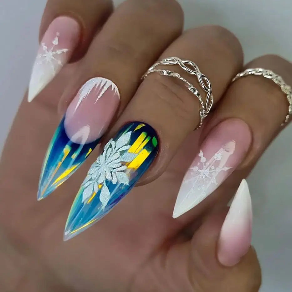 Christmas Blue and Yellow Shard Snowflake French Tip Press-On Nails