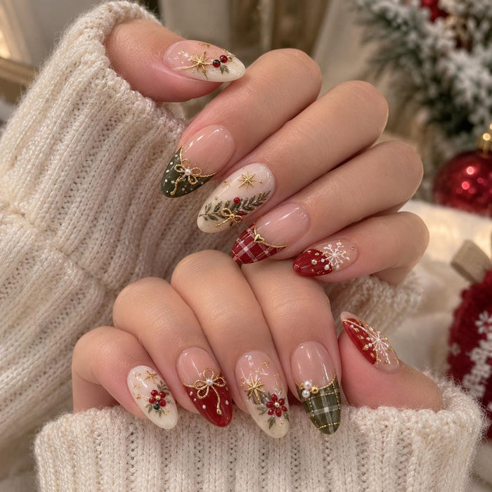 Christmas Bow, Plaid & Snowflake Press-On Nail Set