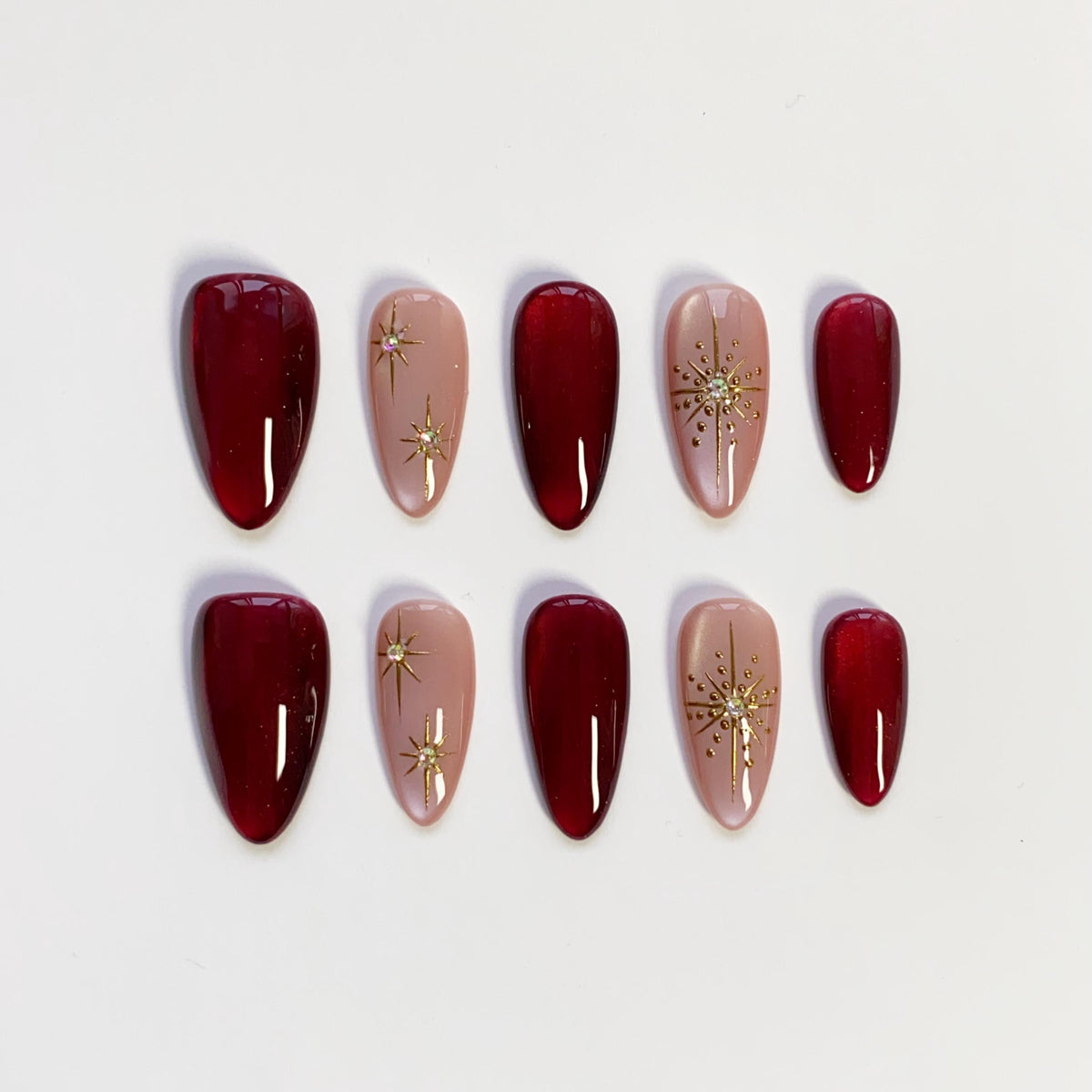 Christmas Burgundy and Blush Starburst Press On Nails with Gold Accents