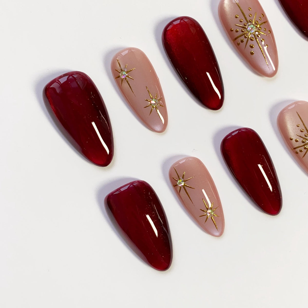 Christmas Burgundy and Blush Starburst Press On Nails with Gold Accents