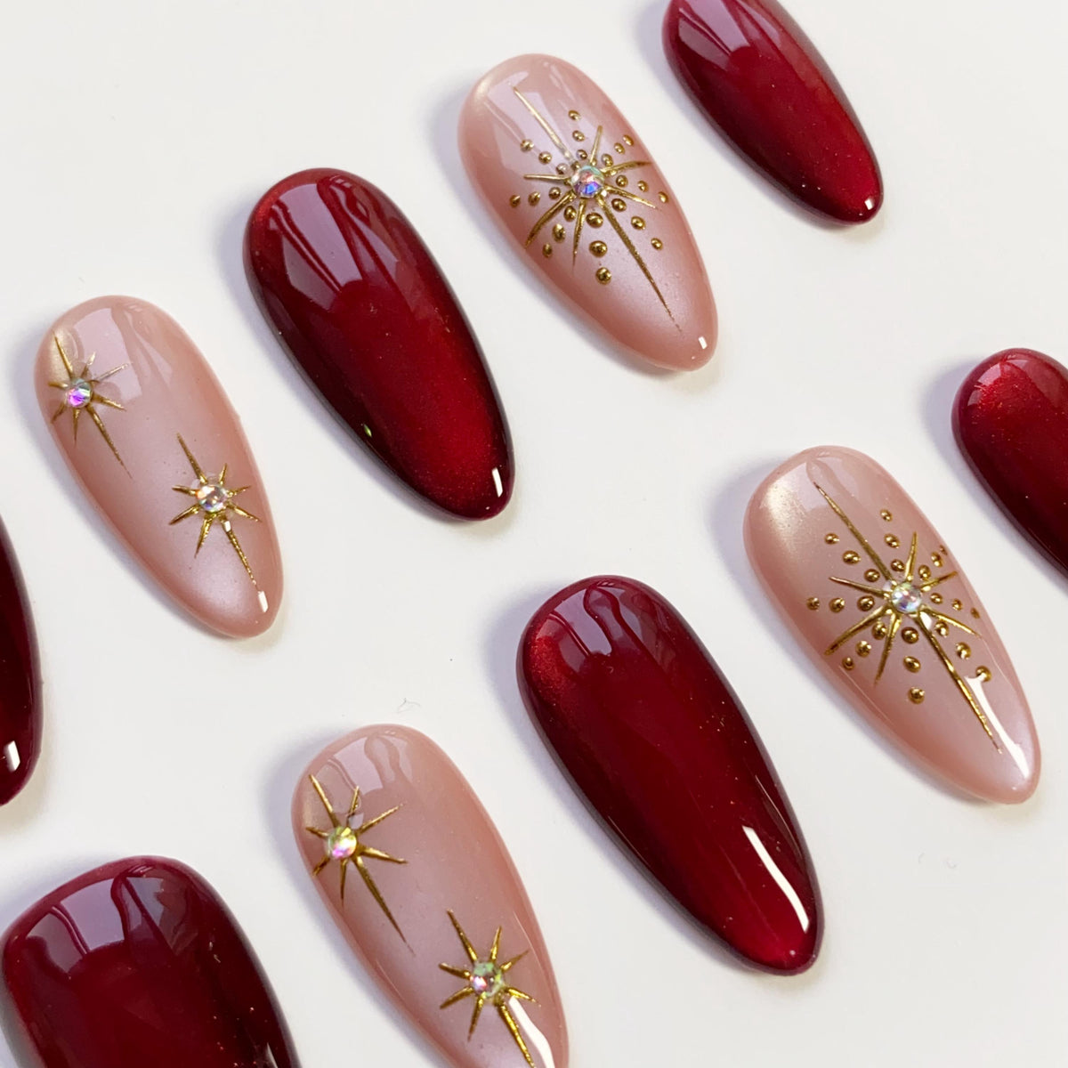 Christmas Burgundy and Blush Starburst Press On Nails with Gold Accents