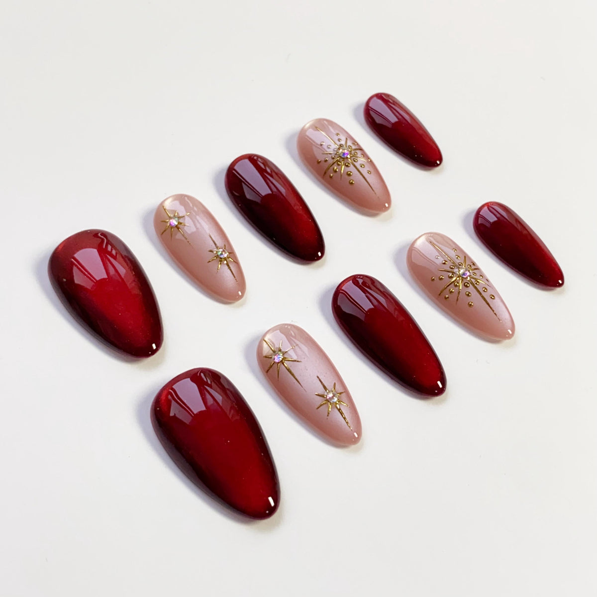 Christmas Burgundy and Blush Starburst Press On Nails with Gold Accents