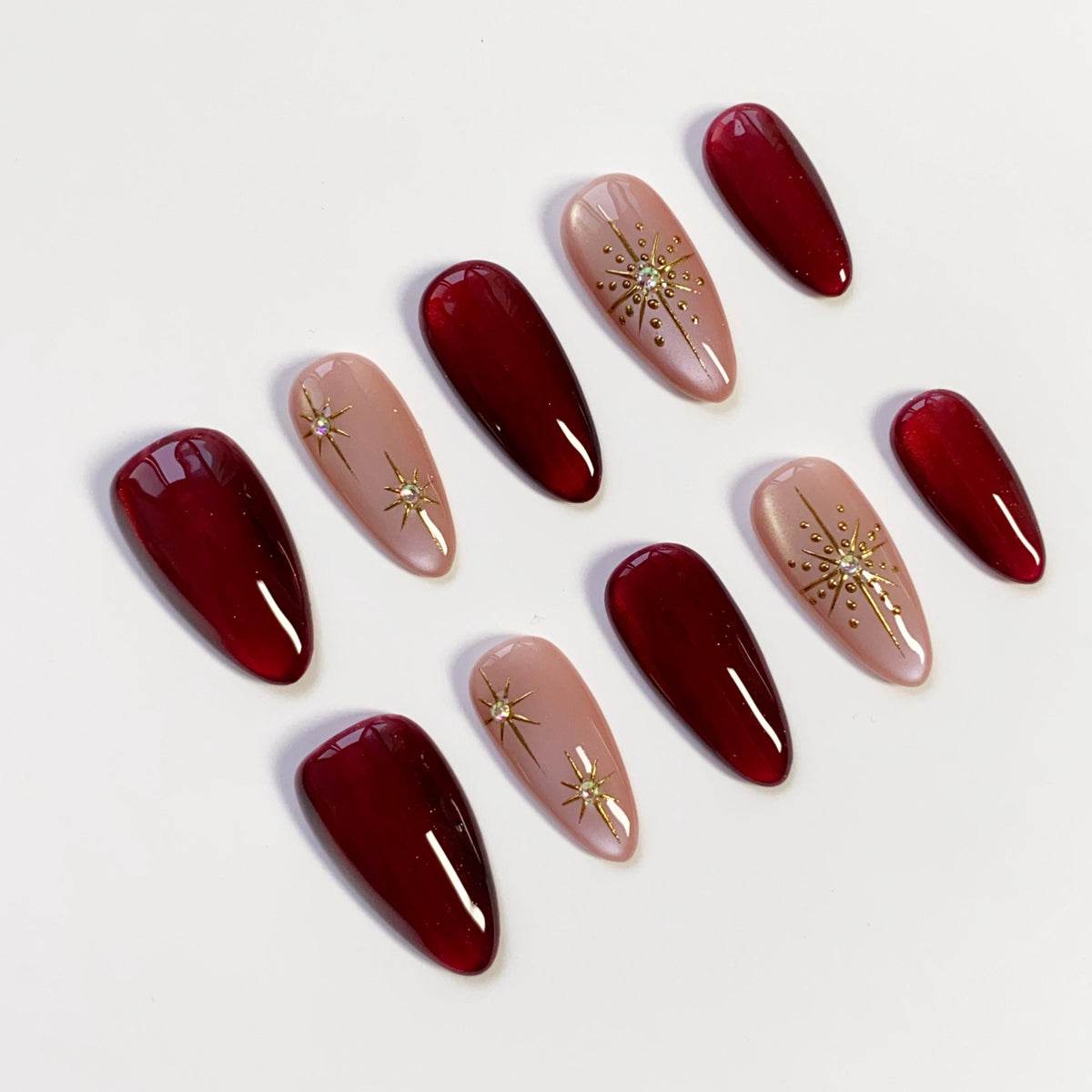 Christmas Burgundy and Blush Starburst Press On Nails with Gold Accents